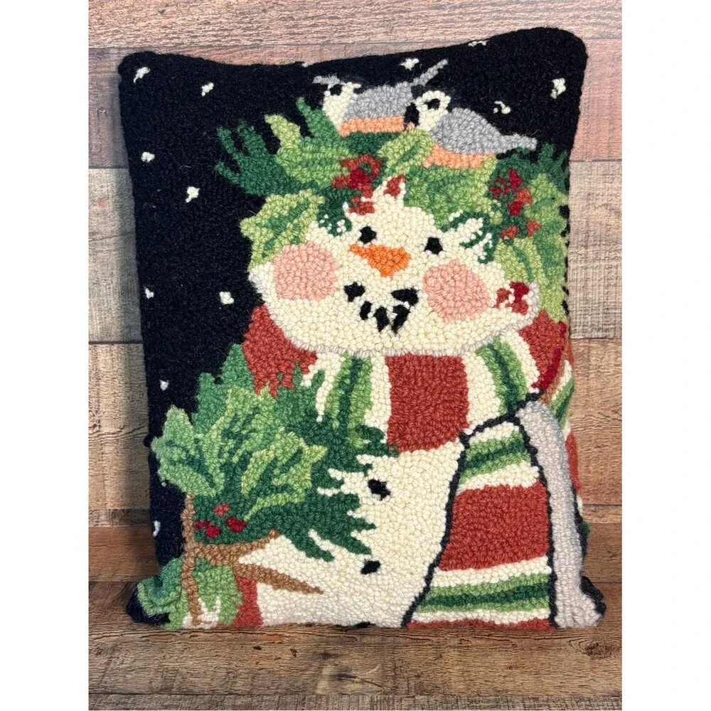 Snowman Wool Hooked Throw Pillow Christmas 15x12 Birds